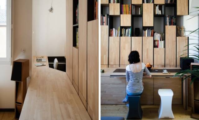 只有45平的LOFT公寓，竟然还把一整面墙浪费给了大书架！