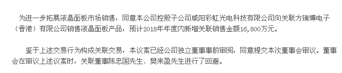 咸阳彩虹向瑞博电子（香港）销售液晶面板，预计2018年新增销售金额1.68亿