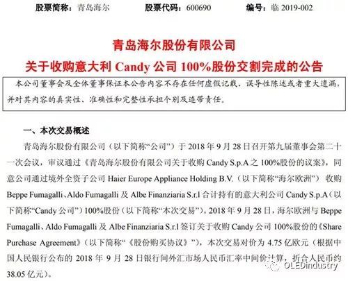 作价38.05亿元！海尔拟收购意大利Candy公司