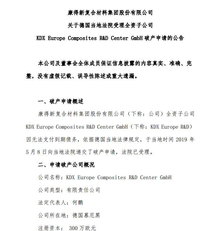 【公告】因无法支付到期债务！康得新德国全资子公司申请破产