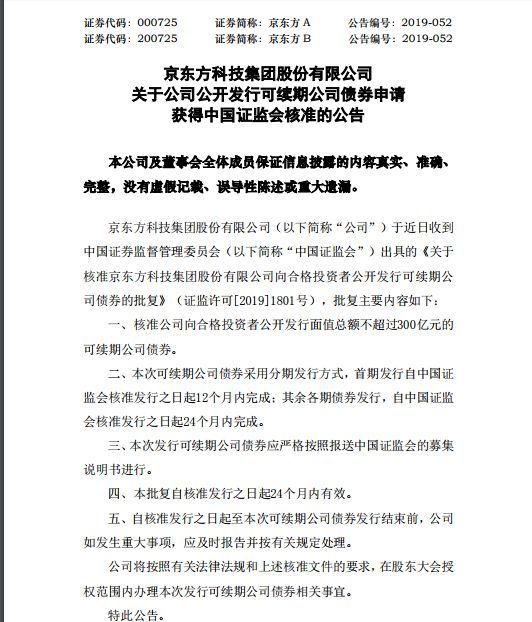 京东方获准发行不超300亿元的可续期公司债券