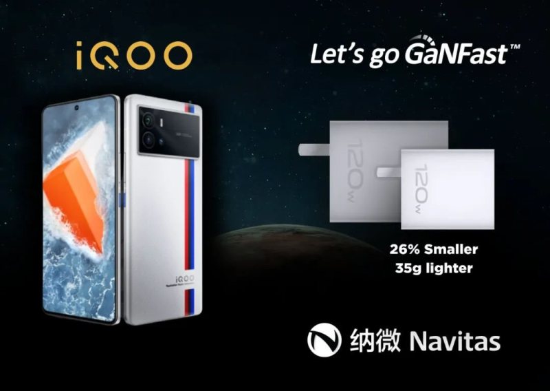 纳微半导体新一代氮化镓功率芯片全力支持vivo旗下iQOO子品牌iQOO 9 Pro手机120W氮化镓充电器成功上市
