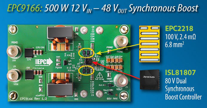 EPC 推出 12V–48V 500W GaN 升压转换器演示板